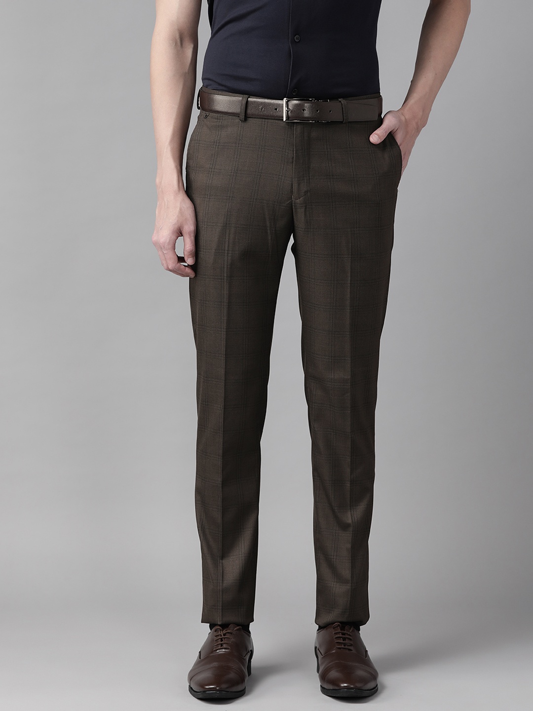 

Blackberrys Men Brown & Black Checked B-91 Skinny Fit Low-Rise Formal Trousers