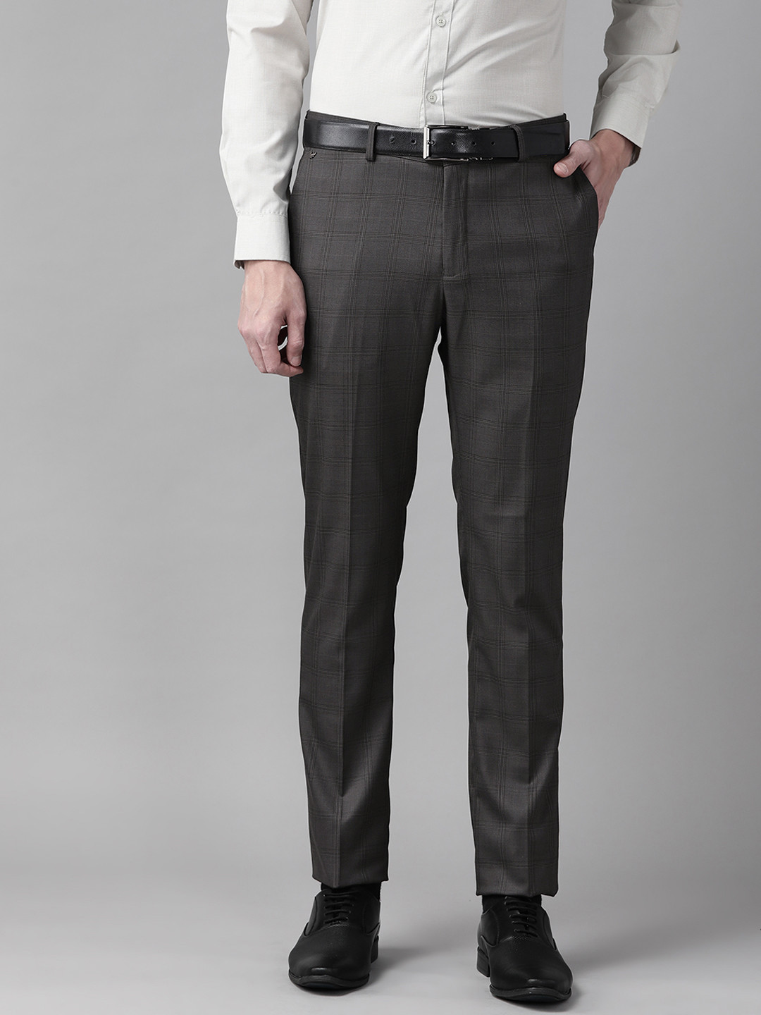 

Blackberrys Men Charcoal Grey & Black Check B-91 Skinny Fit Low-Rise Formal Trousers
