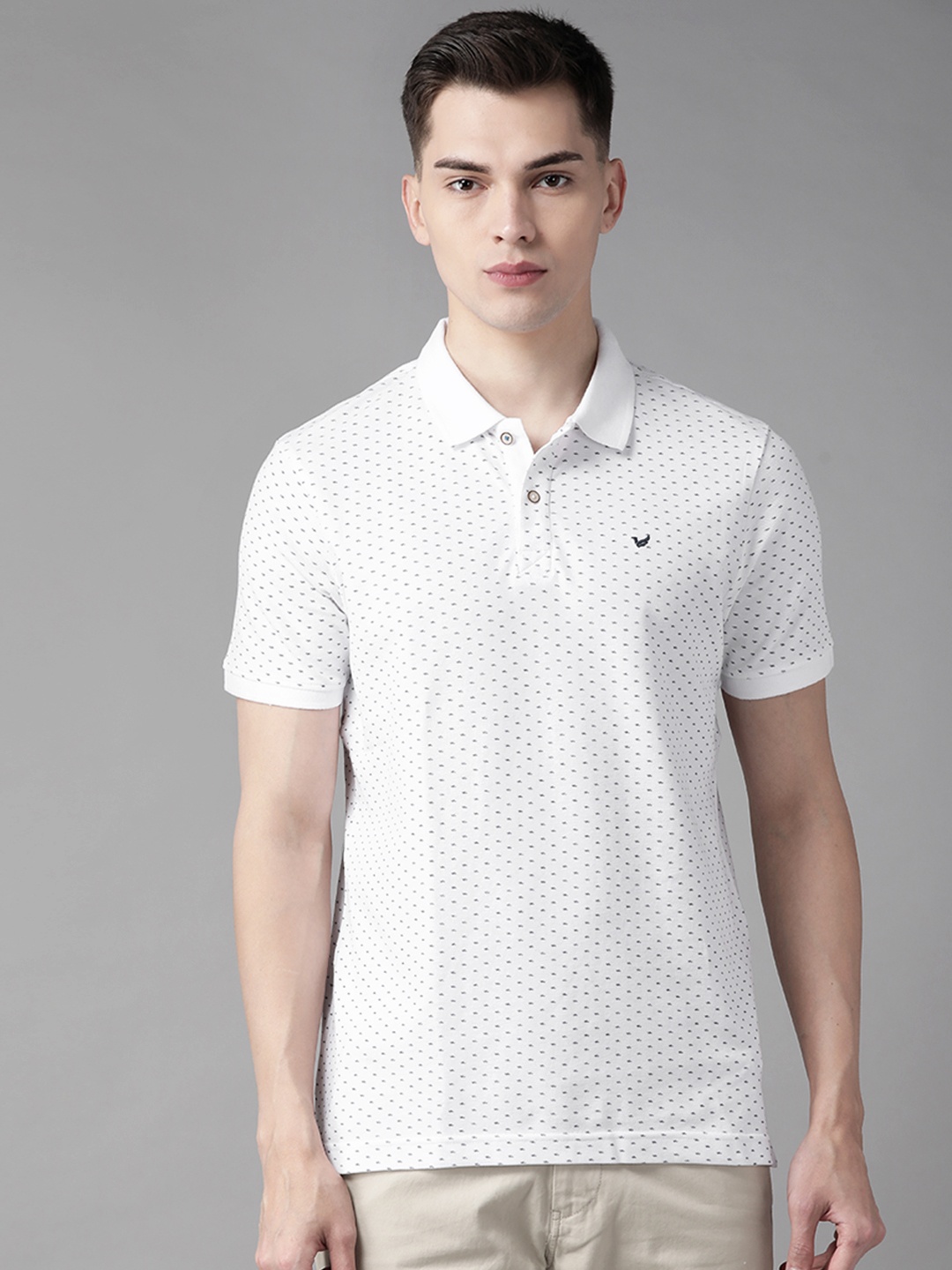 

Blackberrys Men White & Navy Blue Pure Cotton Printed Polo Collar T-shirt
