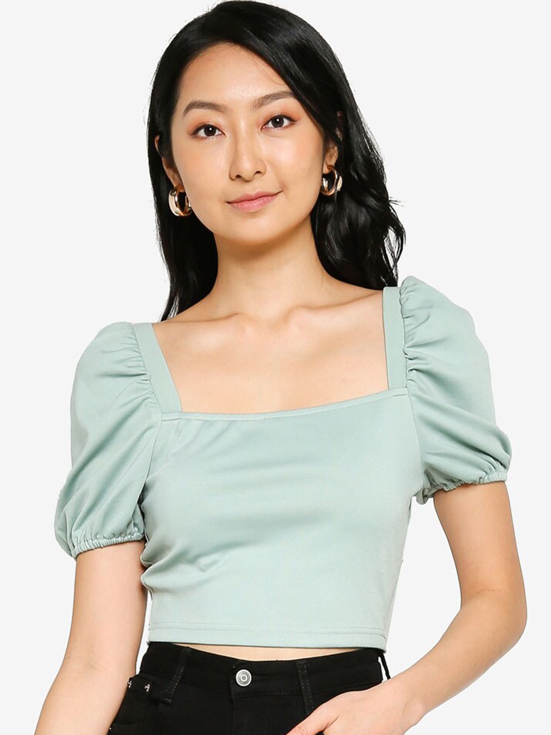

ZALORA BASICS Green Square Neck Puff Sleeves Crop Top