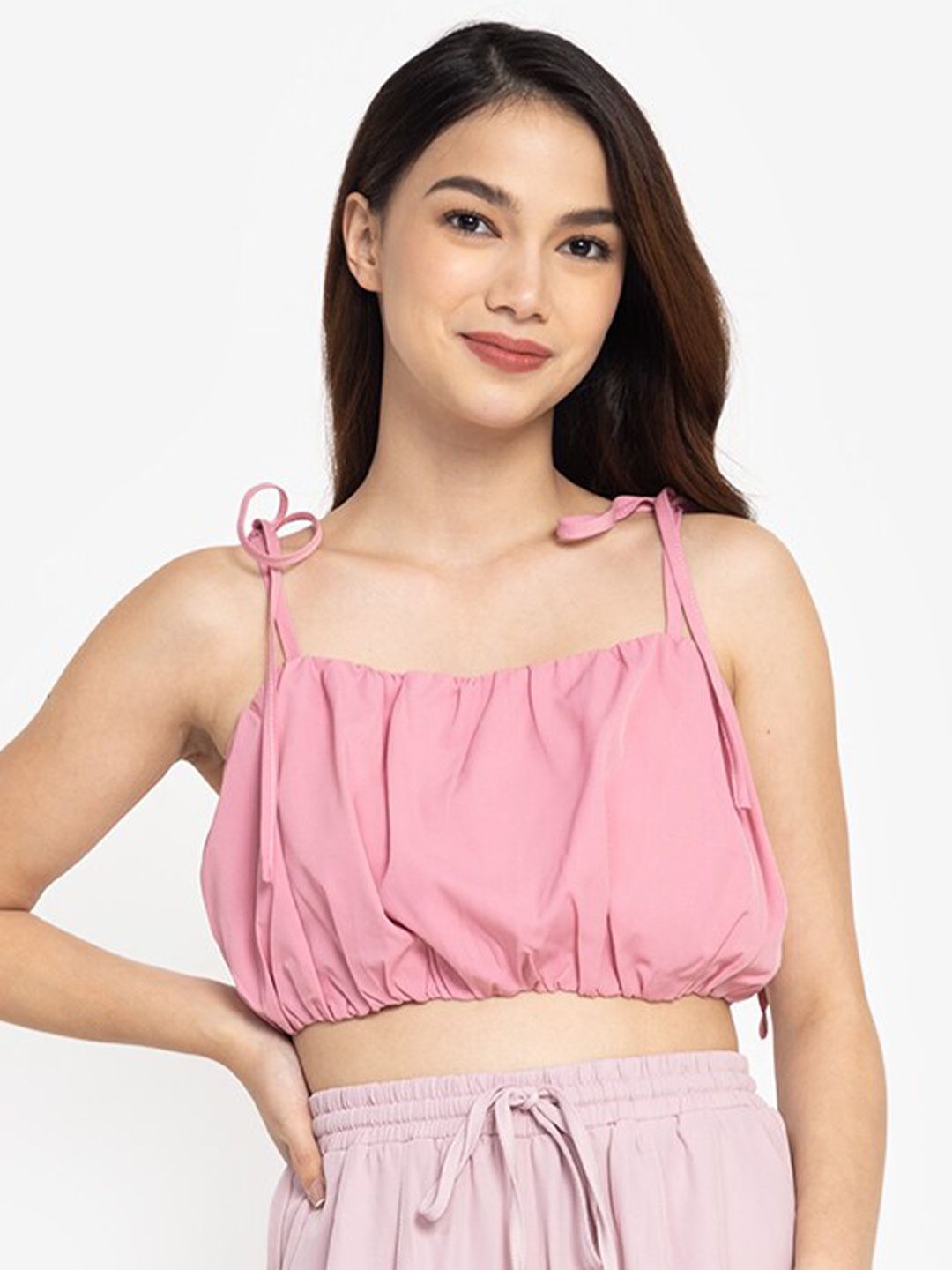 

ZALORA BASICS Pink Cinched Waist Crop Top