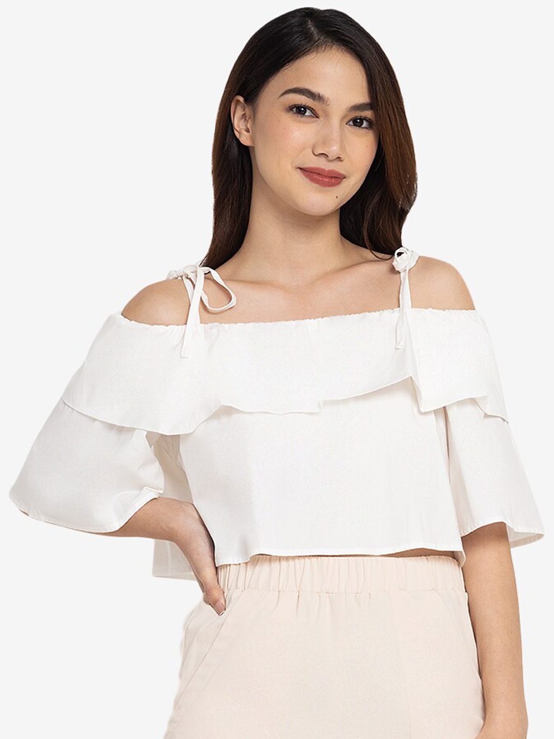 

Zalora White Crop Cold Shoulder Ruffle Detail Pure Cotton Top