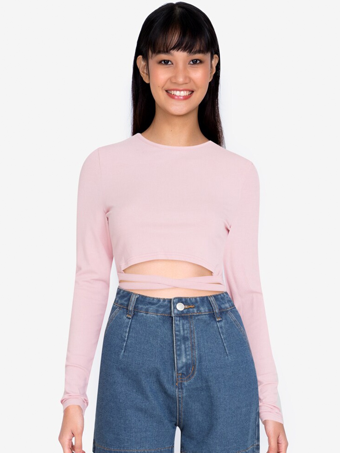 

ZALORA BASICS Beige Waist Tie Long Sleeve Crop Top