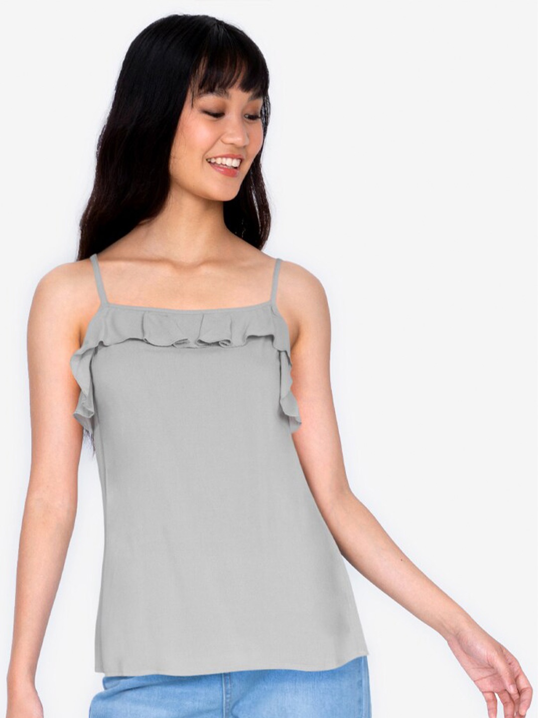 

ZALORA BASICS Grey Ruffle Front Spaghetti Top