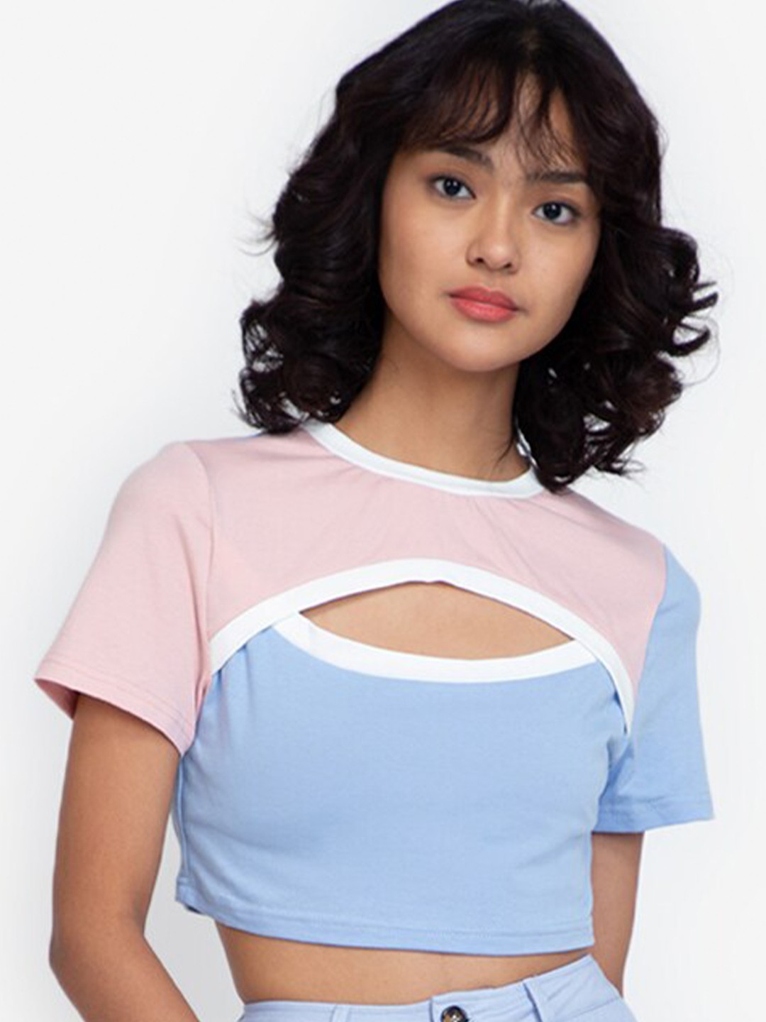 

ZALORA BASICS Pink & Blue Cut Out Colourblocked Crop Top