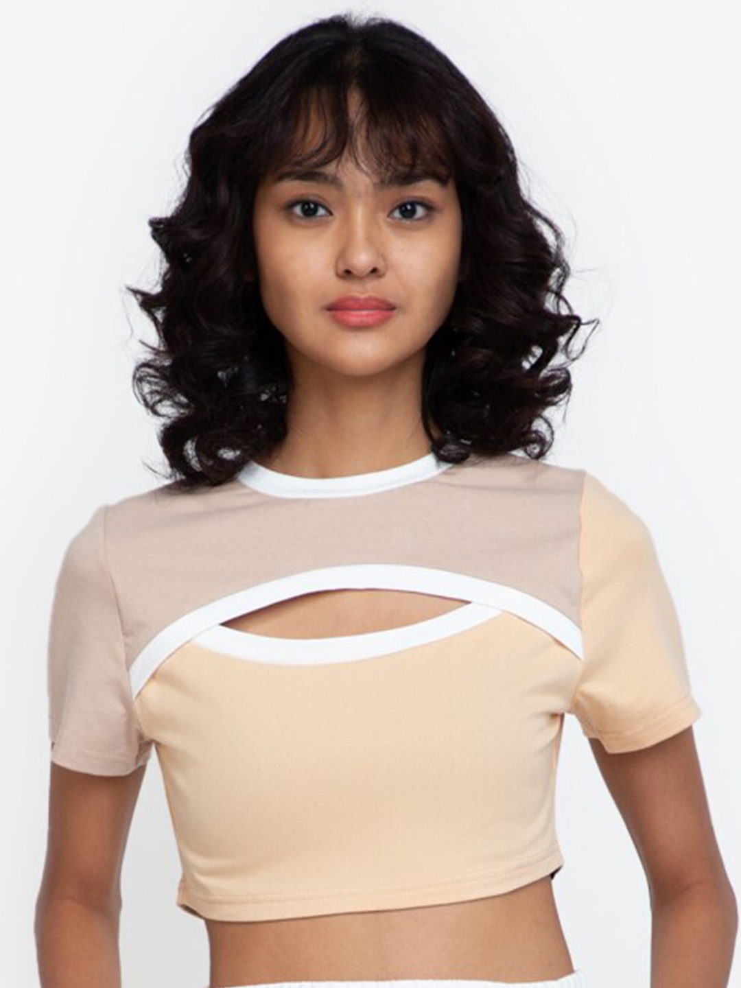 

ZALORA BASICS Beige Cut Out Colour Block Top