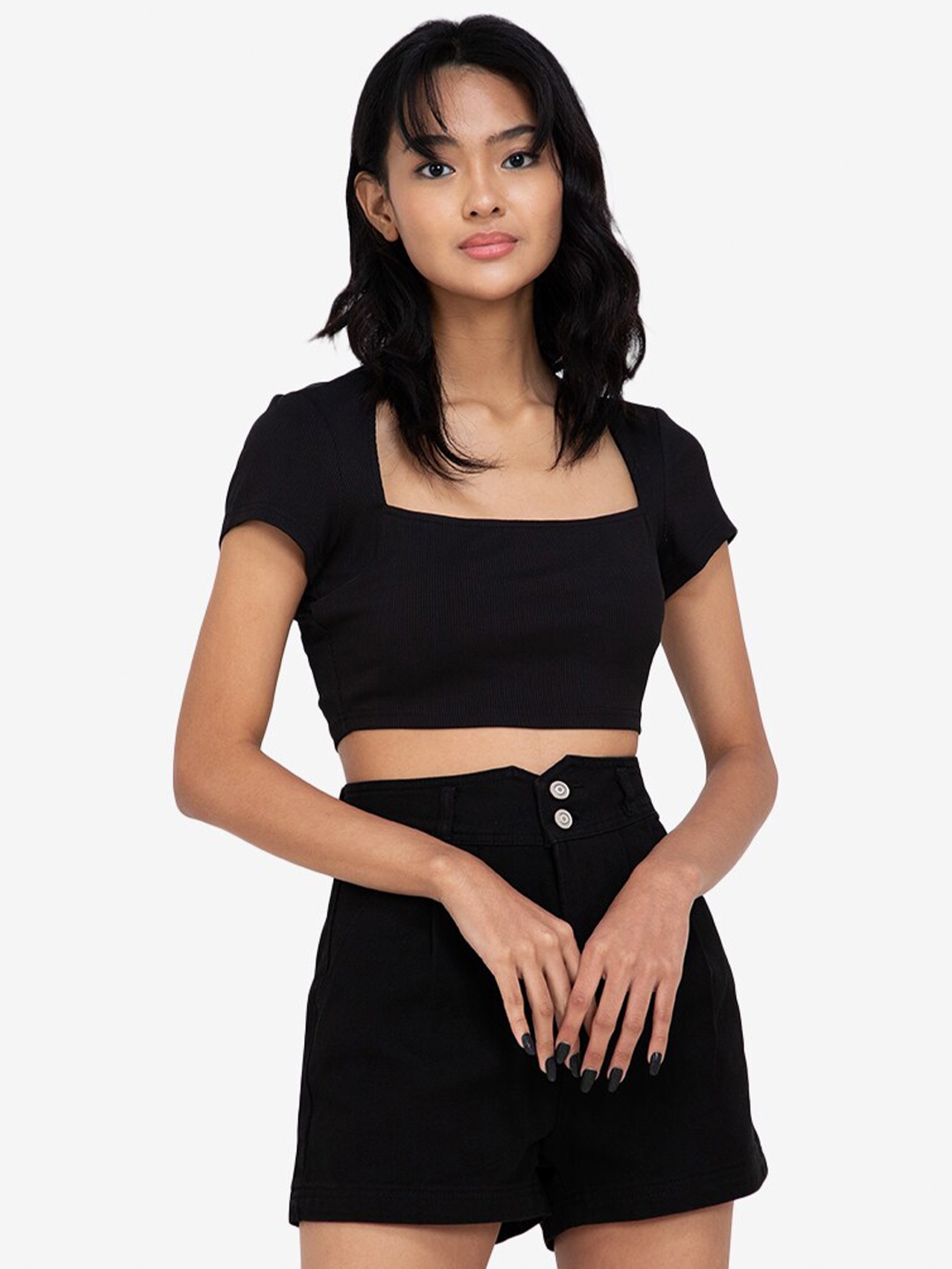 

ZALORA BASICS Black Rib Square Neck Crop Top