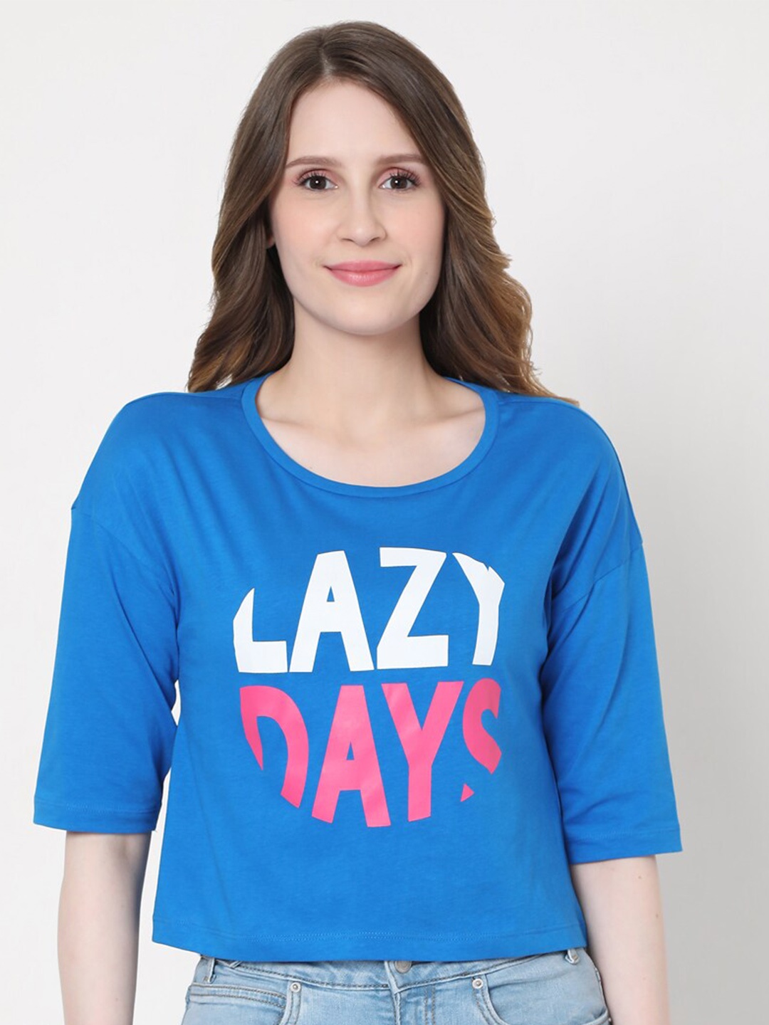 

Vero Moda Women Blue Typography Printed Drop-Shoulder Sleeves T-shirt