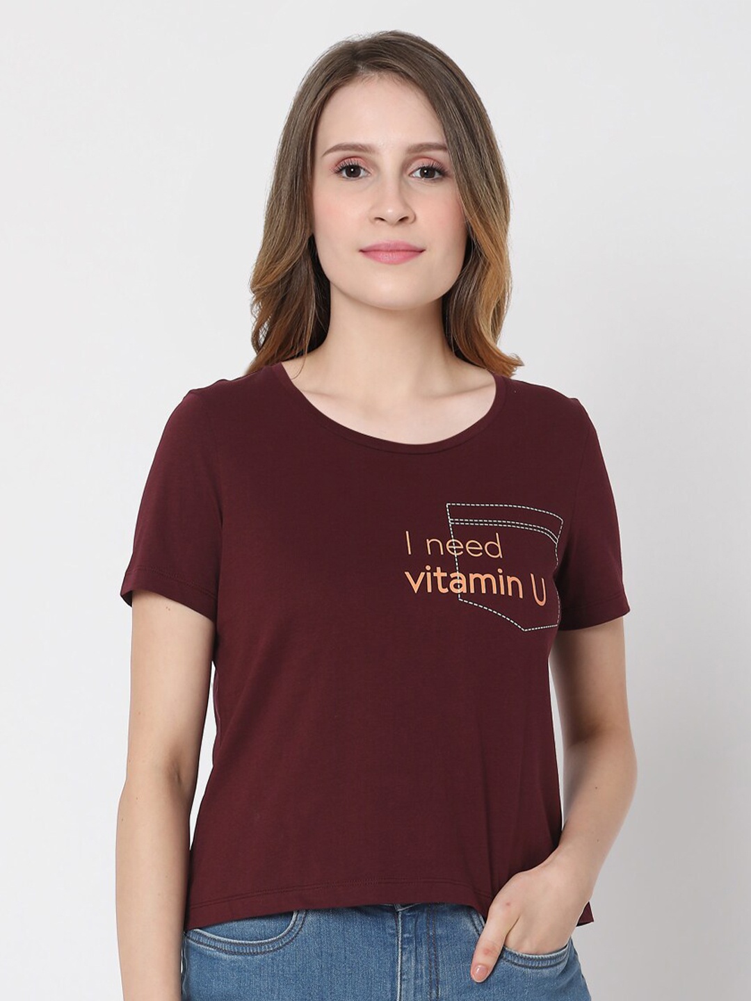 

Vero Moda Women Burgundy Typography Printed T-shirt