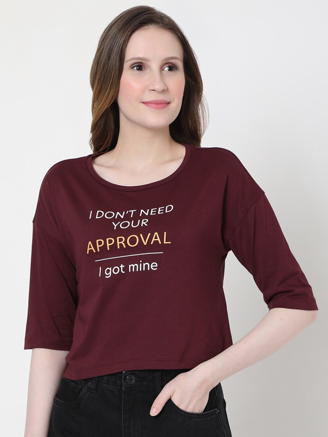 

Vero Moda Women Burgundy Typography Printed Drop-Shoulder Sleeves T-shirt