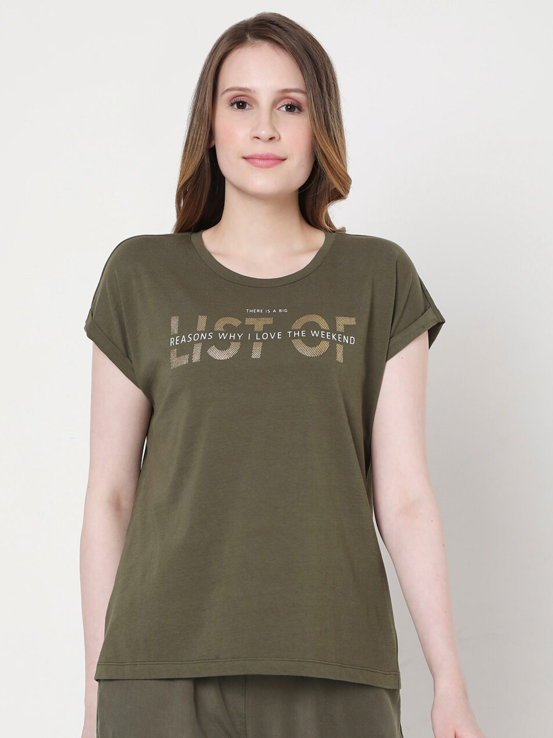 

Vero Moda Women Olive Green Typography Printed Extended Sleeves T-shirt
