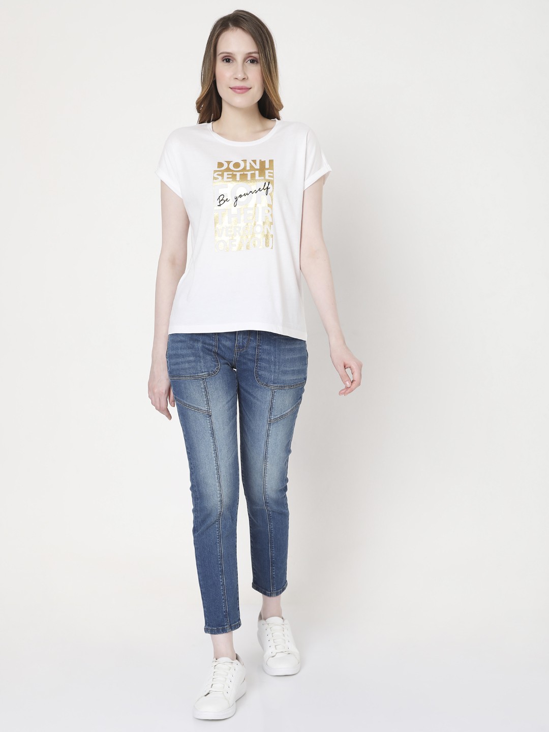

Vero Moda Women White Printed Extended Sleeves T-shirt