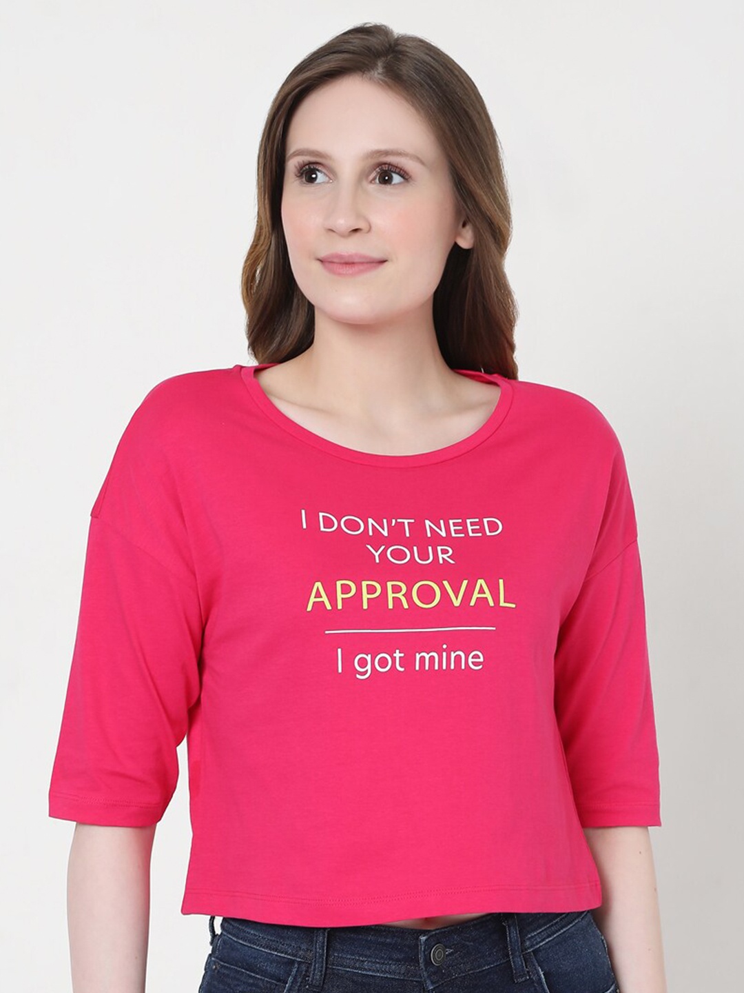 

Vero Moda Women Pink Typography Printed Drop-Shoulder Sleeves T-shirt