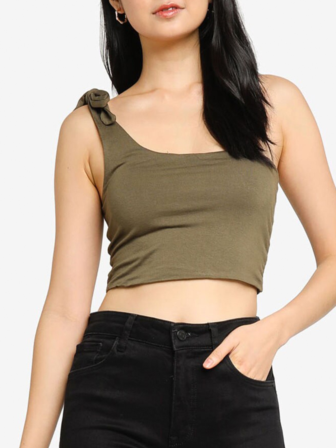 

ZALORA BASICS Green Solid One Shoulder Crop Top