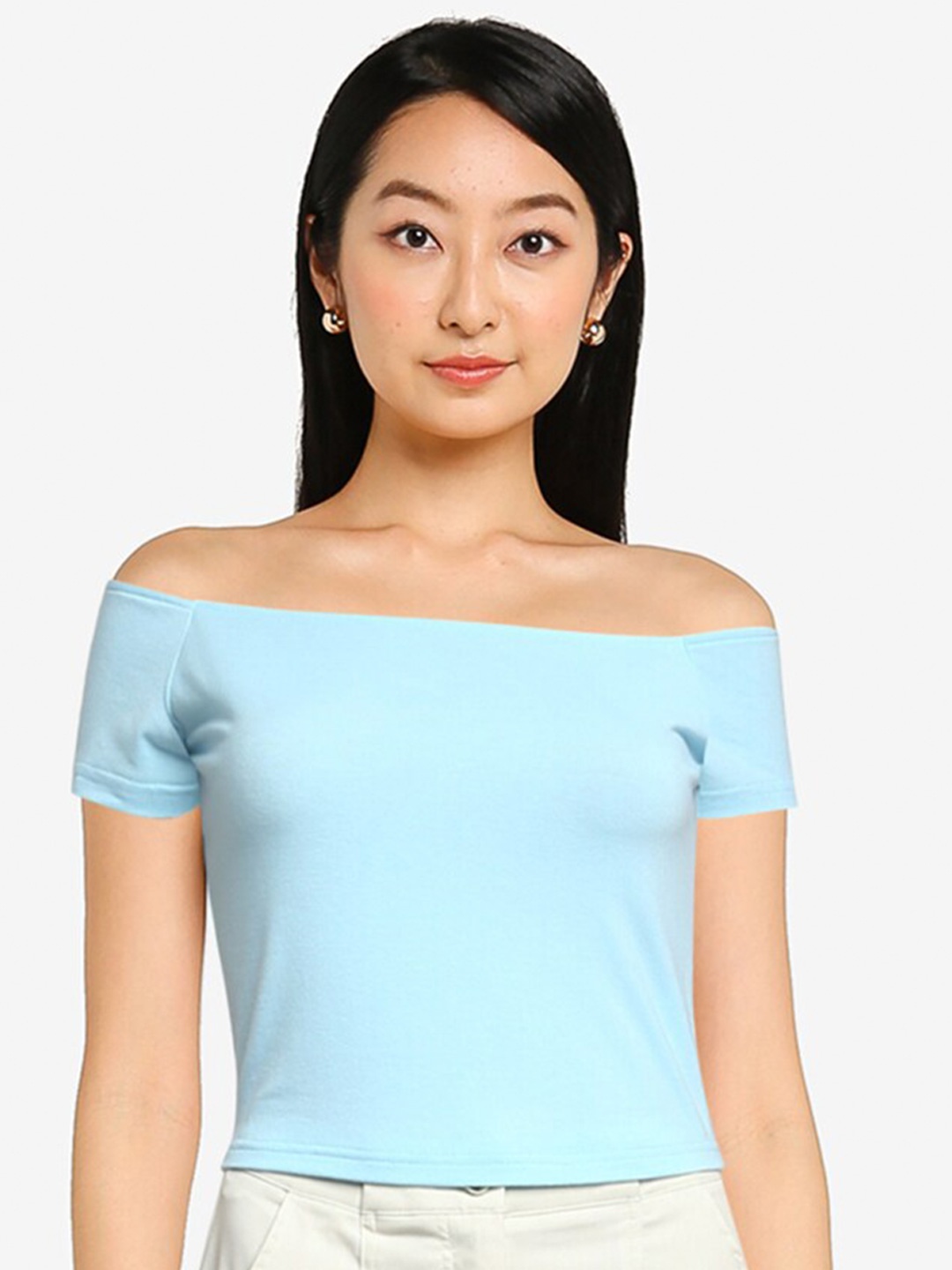 

ZALORA BASICS Blue Off-Shoulder Bardot Top