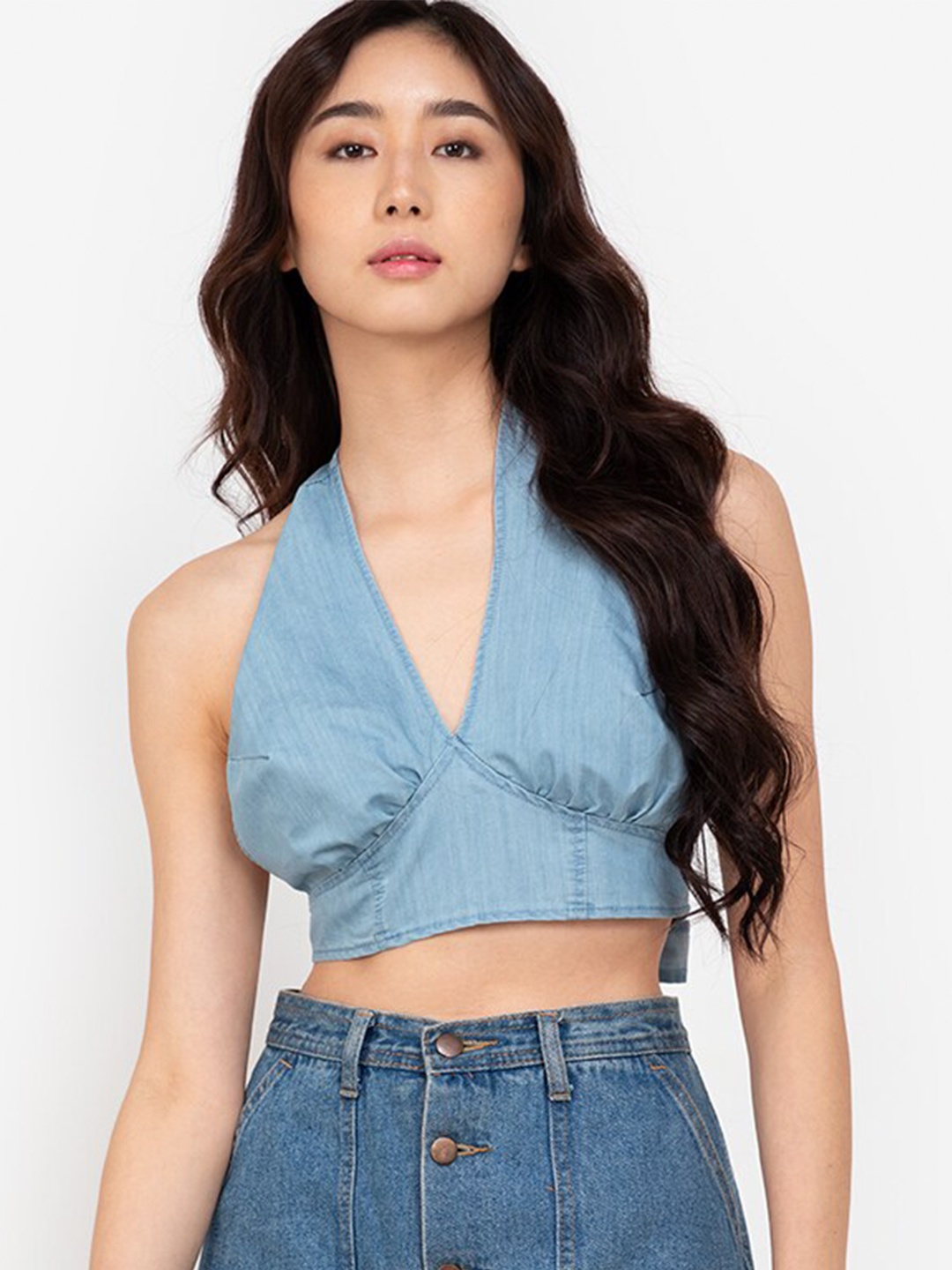 

ZALORA BASICS Women Blue Halter Neck Bralette Denim Crop Top