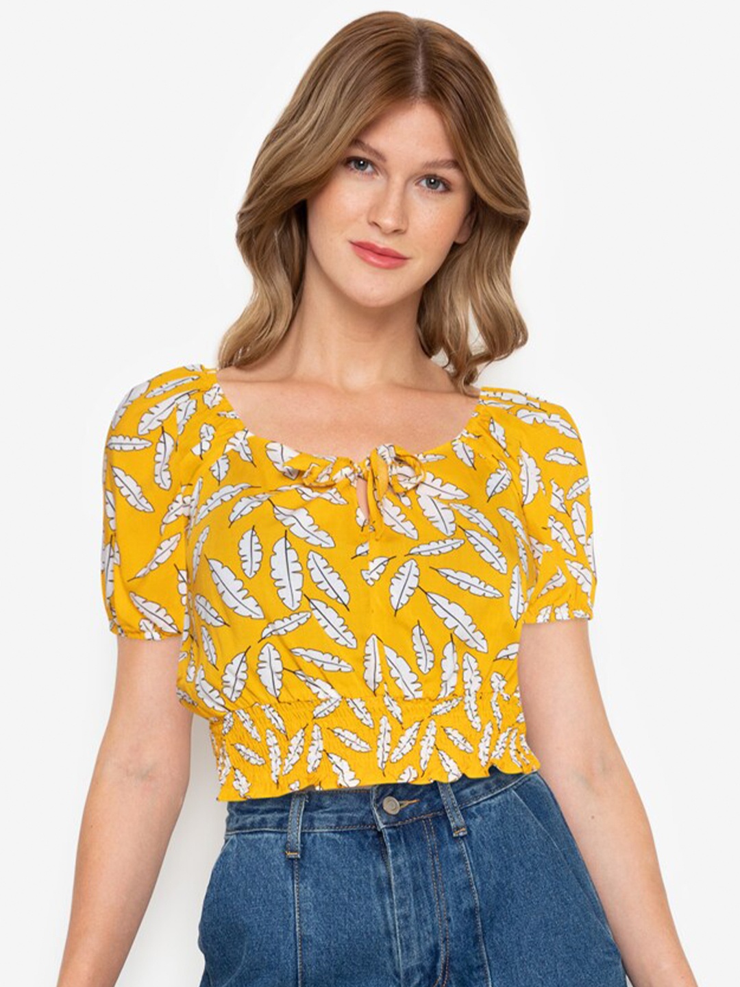 

ZALORA BASICS Women Multicoloured Geometric Print Tie-Up Neck Top, Multi