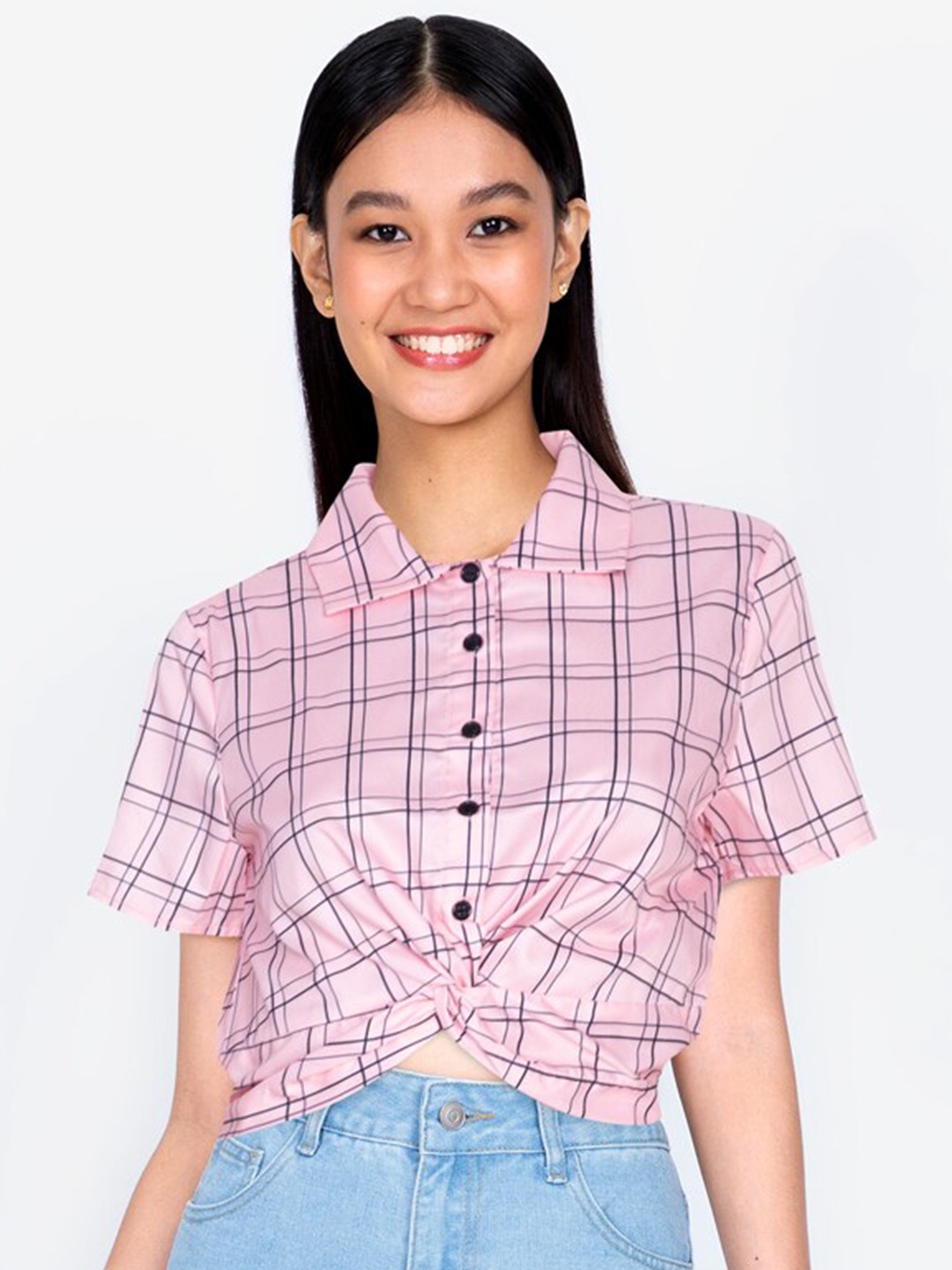 

ZALORA BASICS Women Multicoloured Checked Mandarin Collar Shirt Style Top, Multi