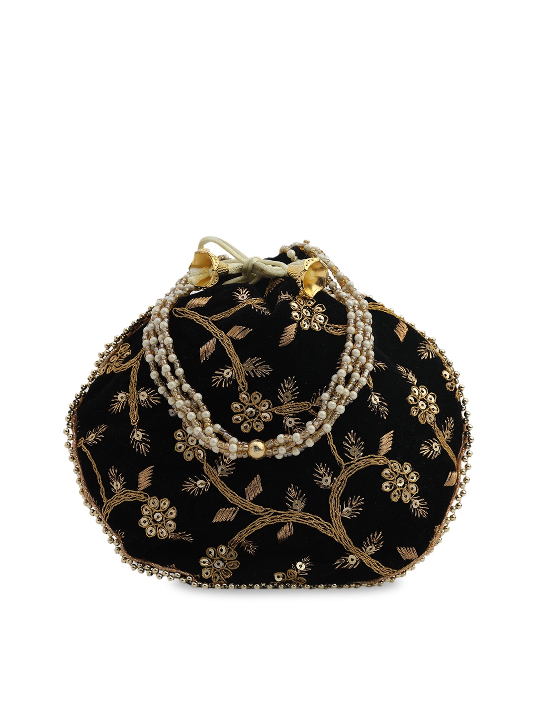 

gaura pakhi Black & Gold-Toned Embroidered Potli Clutch