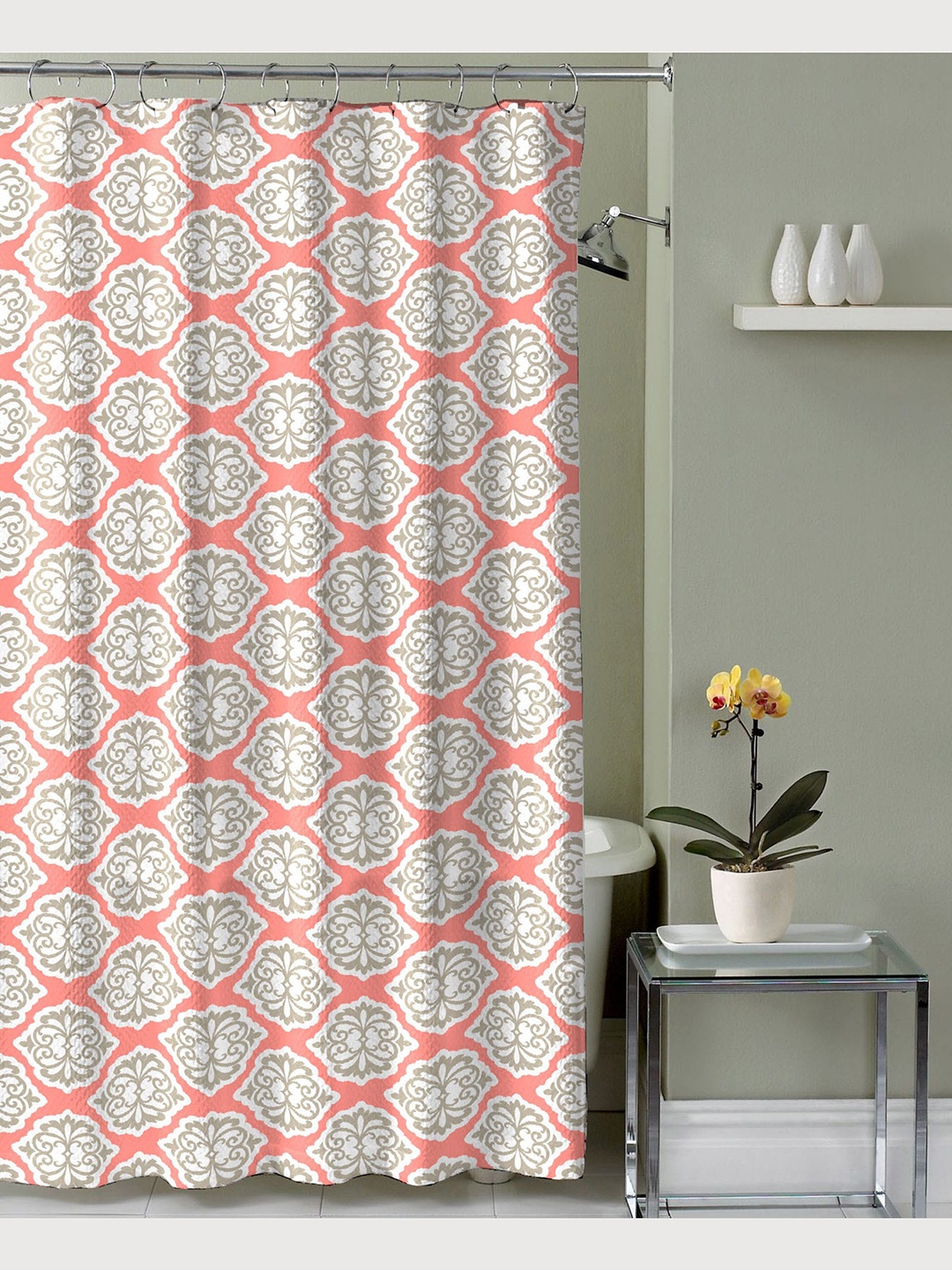 

Lushomes Peach-Coloured & White Printed Shower Curtain