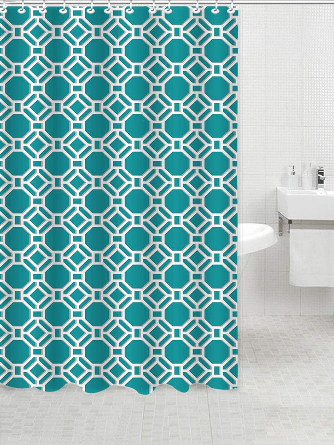 

Lushomes Teal Blue & White Printed Shower Curtain
