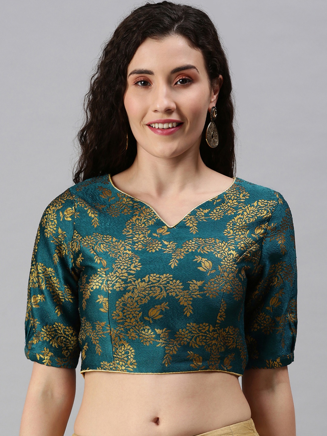

flaher Women Teal & Golden Woven Saree Blouse