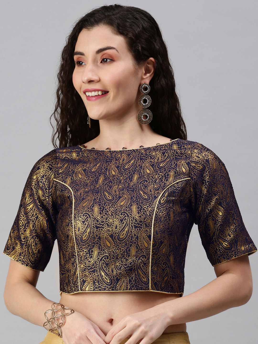 

flaher Women Navy Blue & Golden Woven Saree Blouse