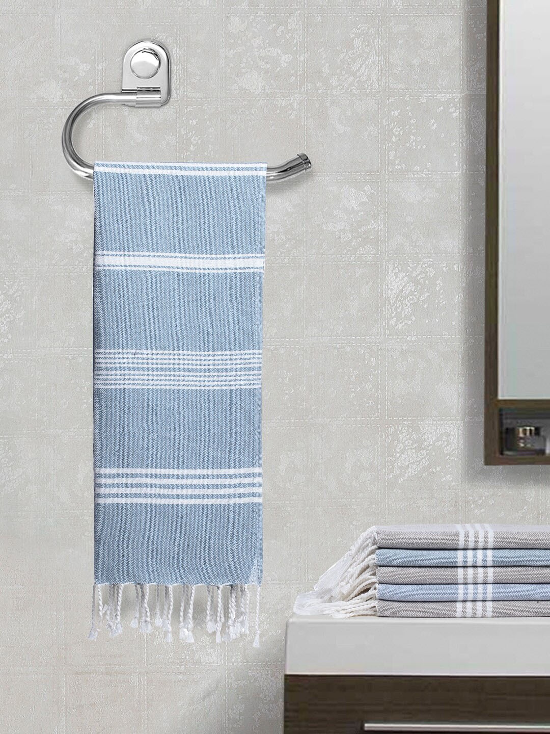 

Arrabi Set Of 5 Striped Cotton Hand Towels, Blue