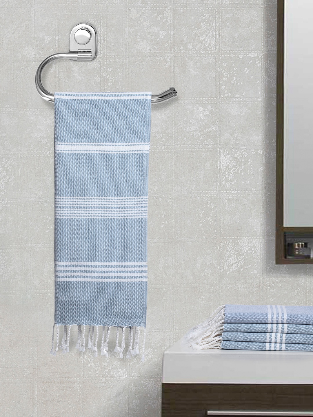 

Arrabi Set Of 5 Blue & White Striped Cotton Hand Towel
