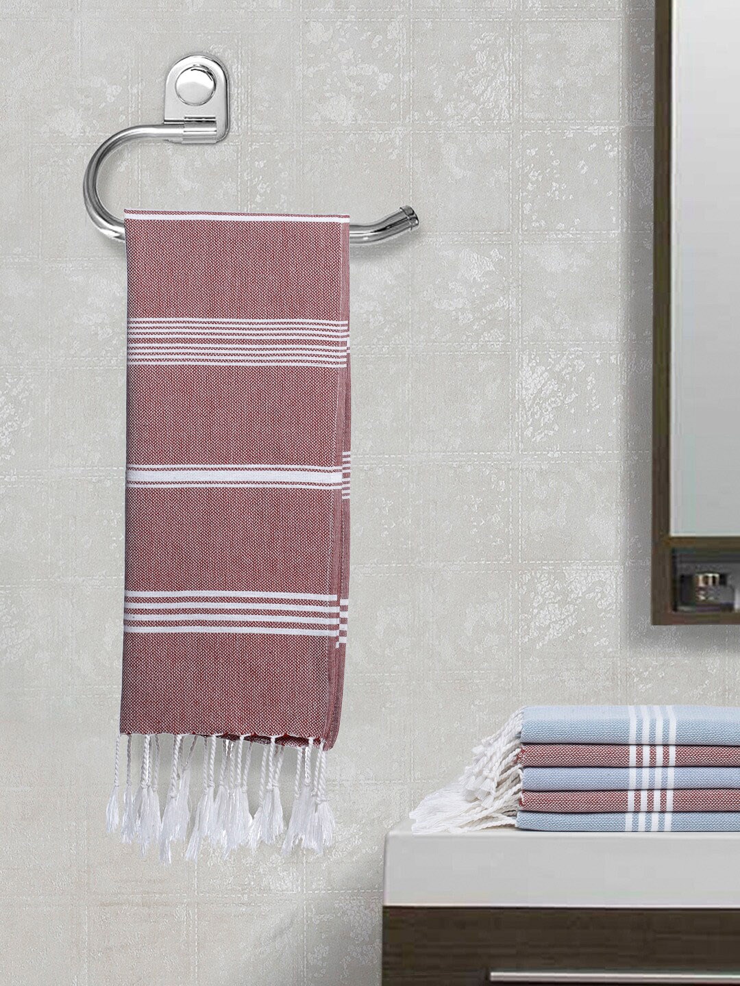 

Arrabi Set Of 6 Striped Cotton 210 GSM Hand Towels, Maroon