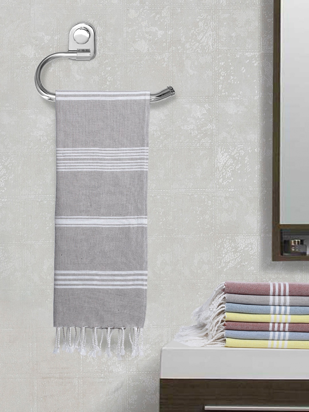 

Arrabi Set of 8 Striped Cotton Hand Towels, Grey