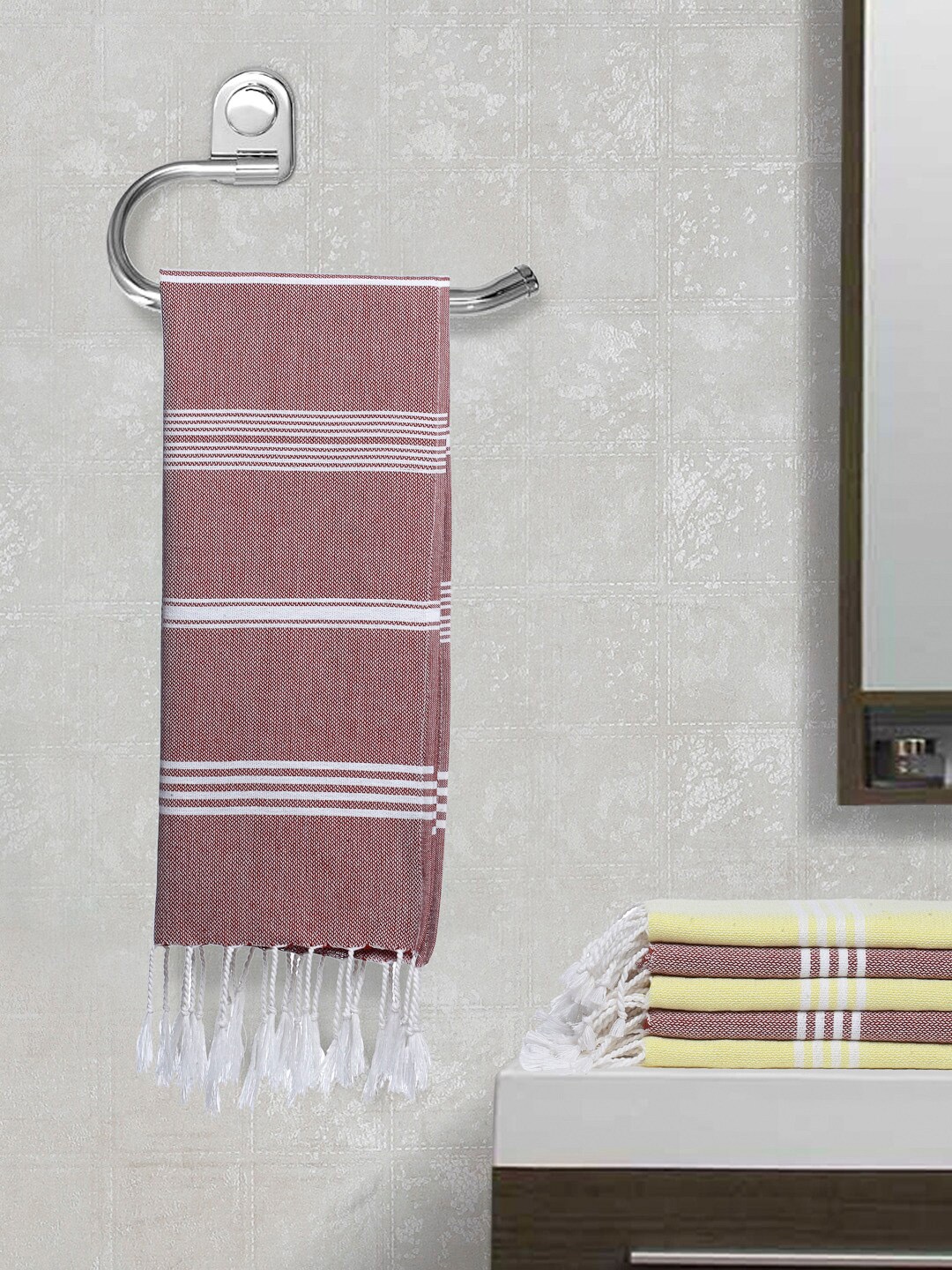 

Arrabi Set Of 6 Striped Cotton 210 GSM Hand Towels, Brown
