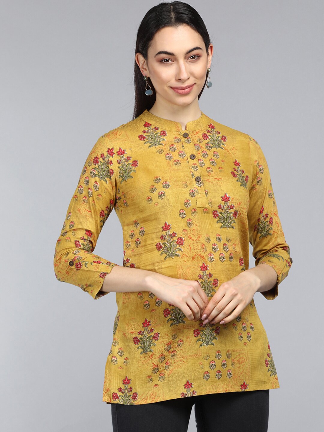 

AHIKA Mustard Yellow Floral Print Mandarin Collar Longline Top