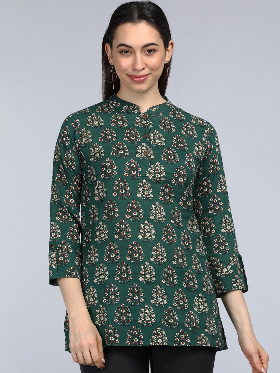 

AHIKA Green Floral Print Mandarin Collar Shirt Style Top