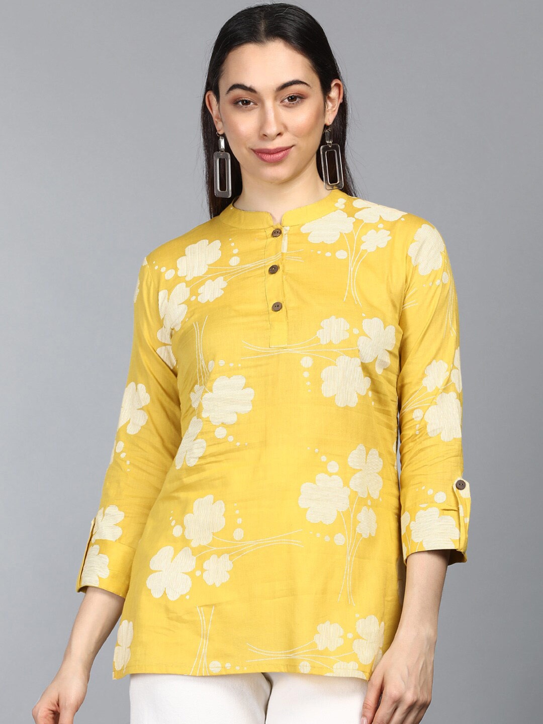 

AHIKA Yellow Floral Print Mandarin Collar Shirt Style Top