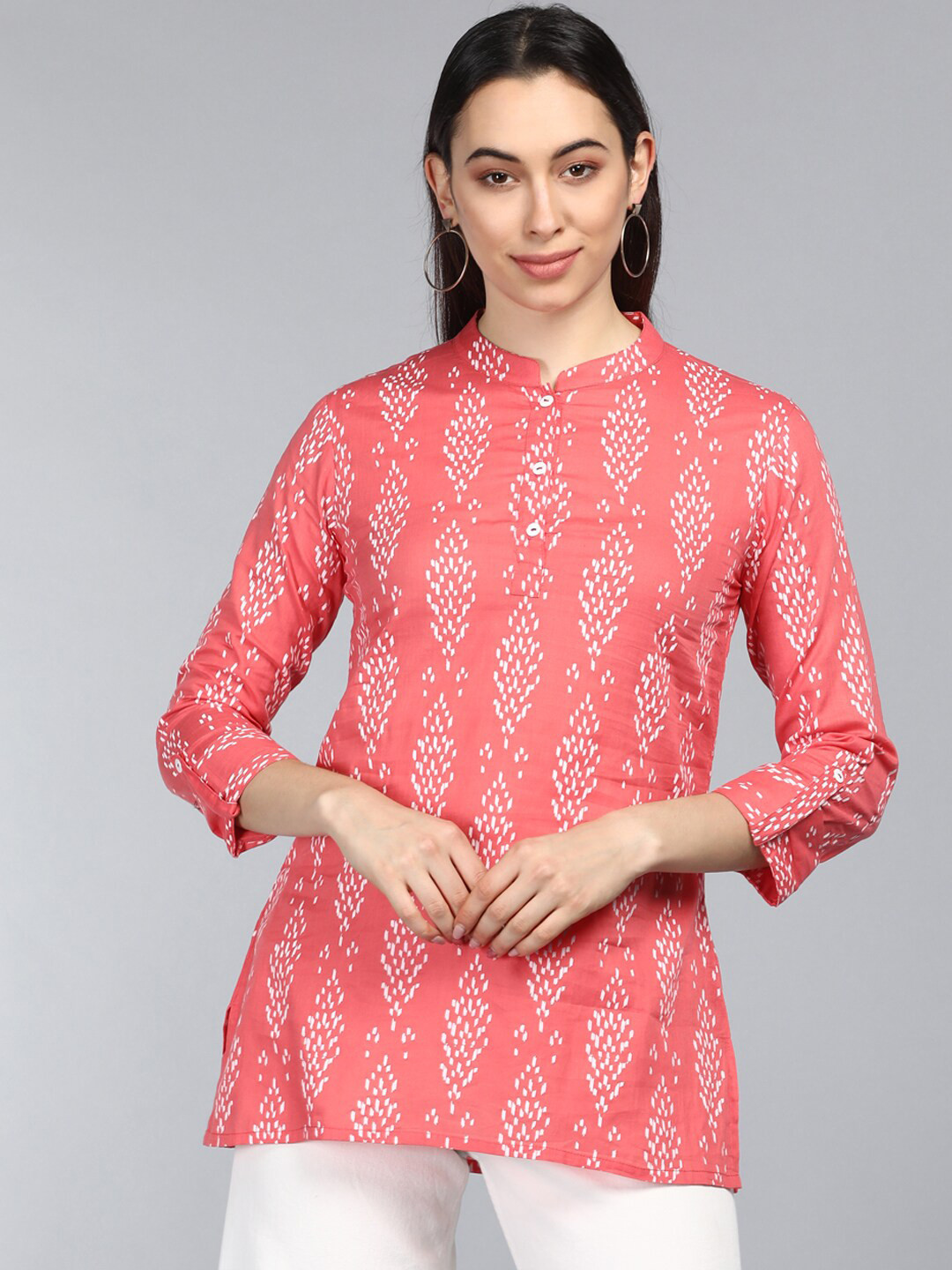 

AHIKA Coral Print Mandarin Collar Shirt Style Longline Top