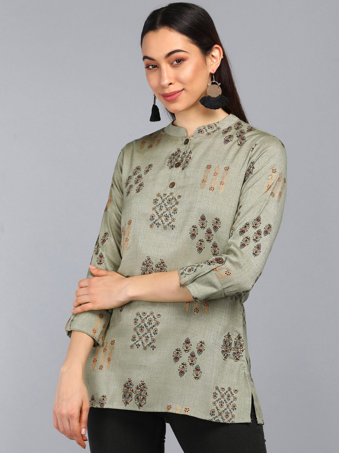 

AHIKA Grey Print Mandarin Collar Longline Top
