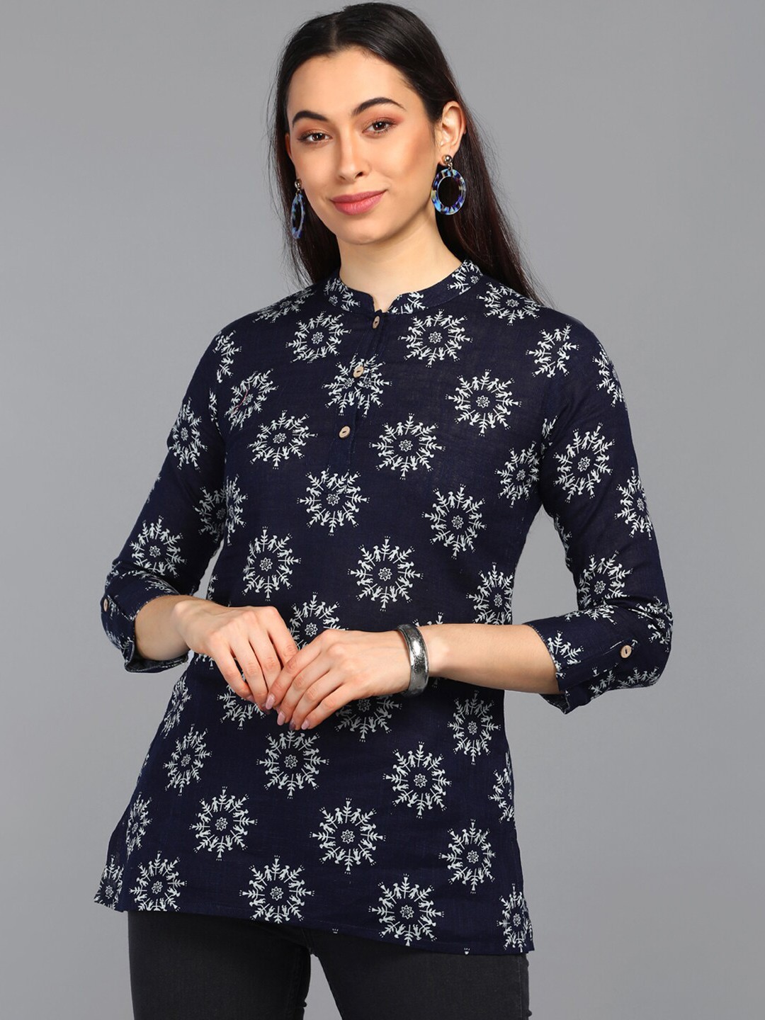 

AHIKA Navy Blue Floral Print Mandarin Collar Shirt Style Top