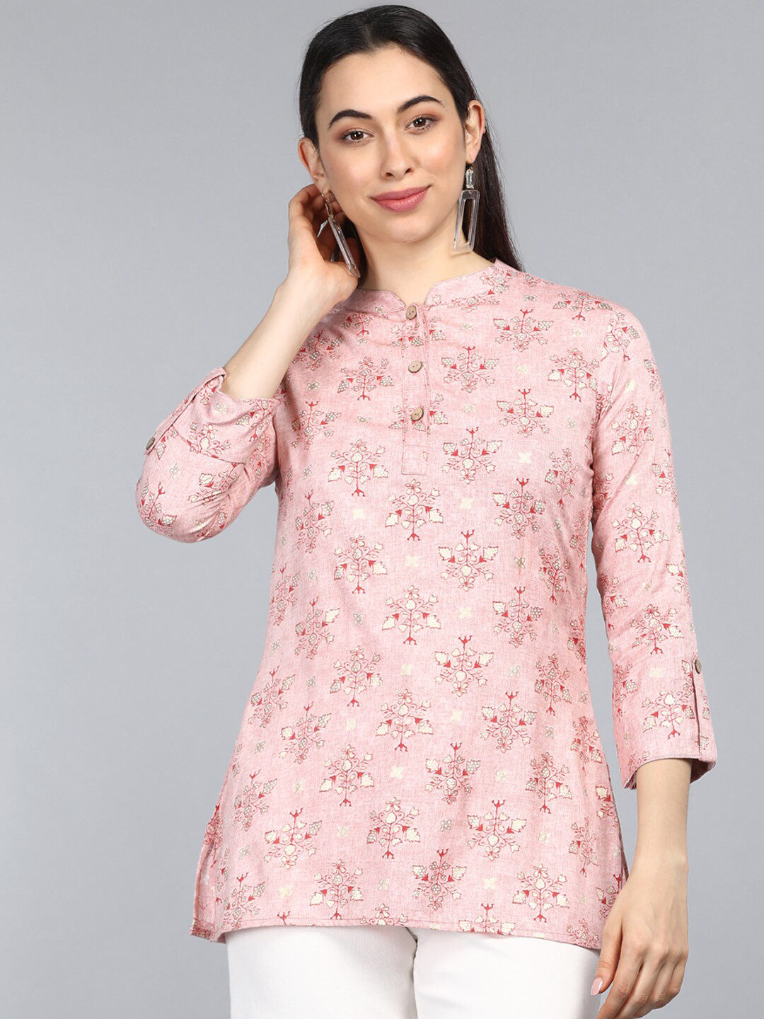 

AHIKA Pink Floral Print Mandarin Collar Roll-Up Sleeves Top