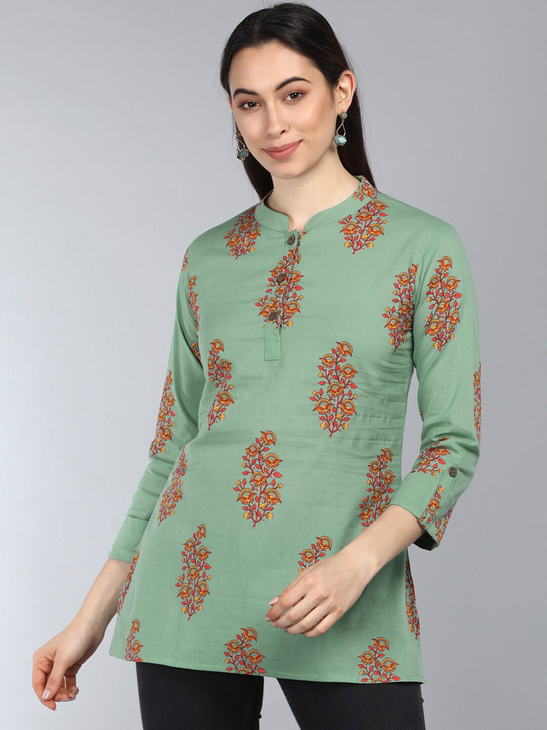 

AHIKA Green Floral Print Mandarin Collar Roll-Up Sleeves Longline Top