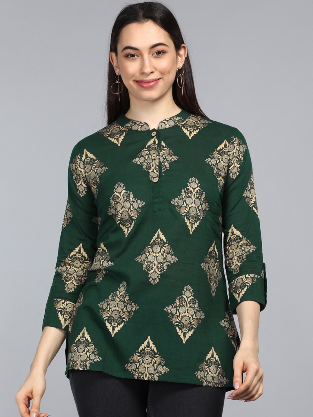 

AHIKA Green Print Mandarin Collar Top