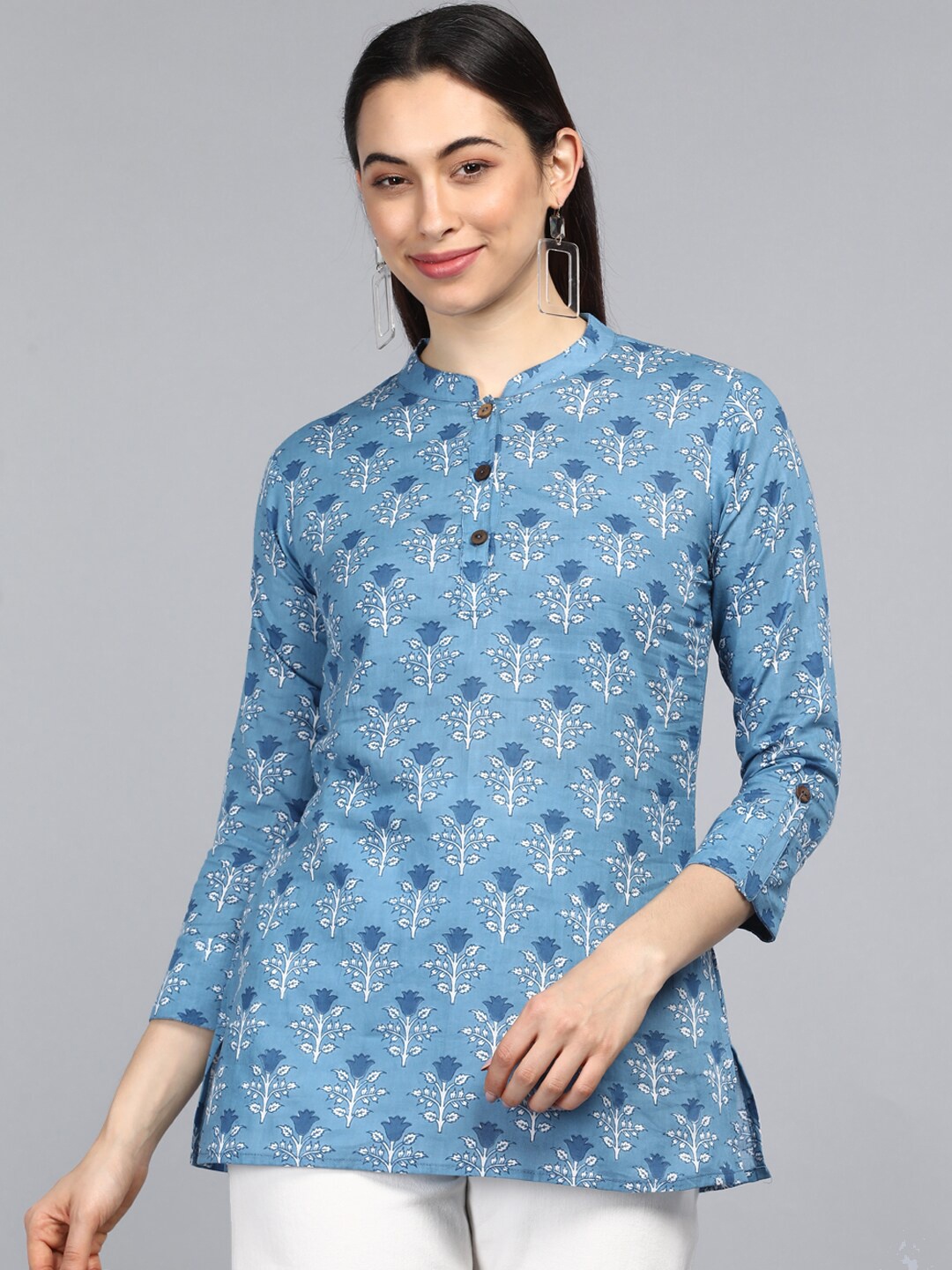 

AHIKA Blue Floral Print Mandarin Collar Top