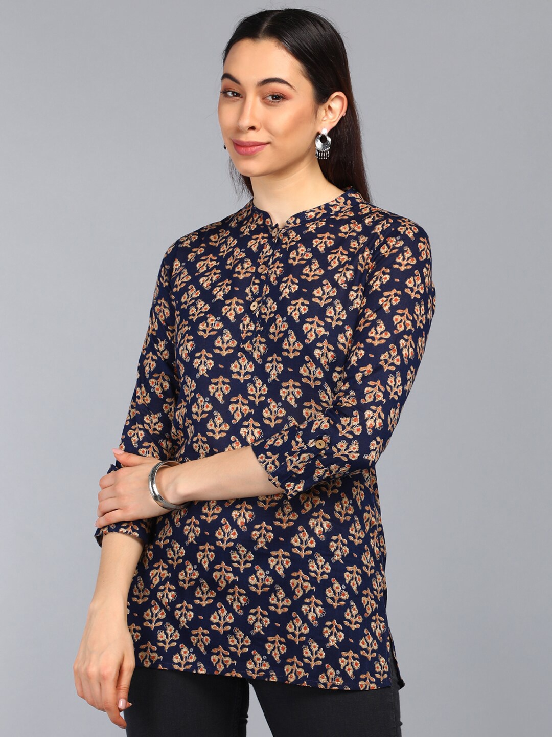 

AHIKA Navy Blue Floral Print Mandarin Collar Shirt Style Top