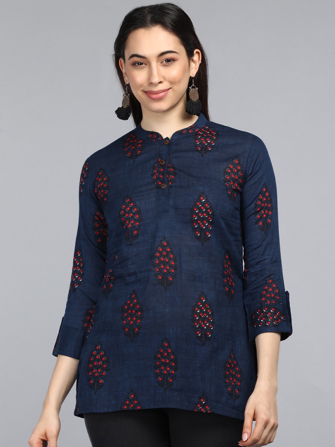 

AHIKA Navy Blue Print Mandarin Collar Top