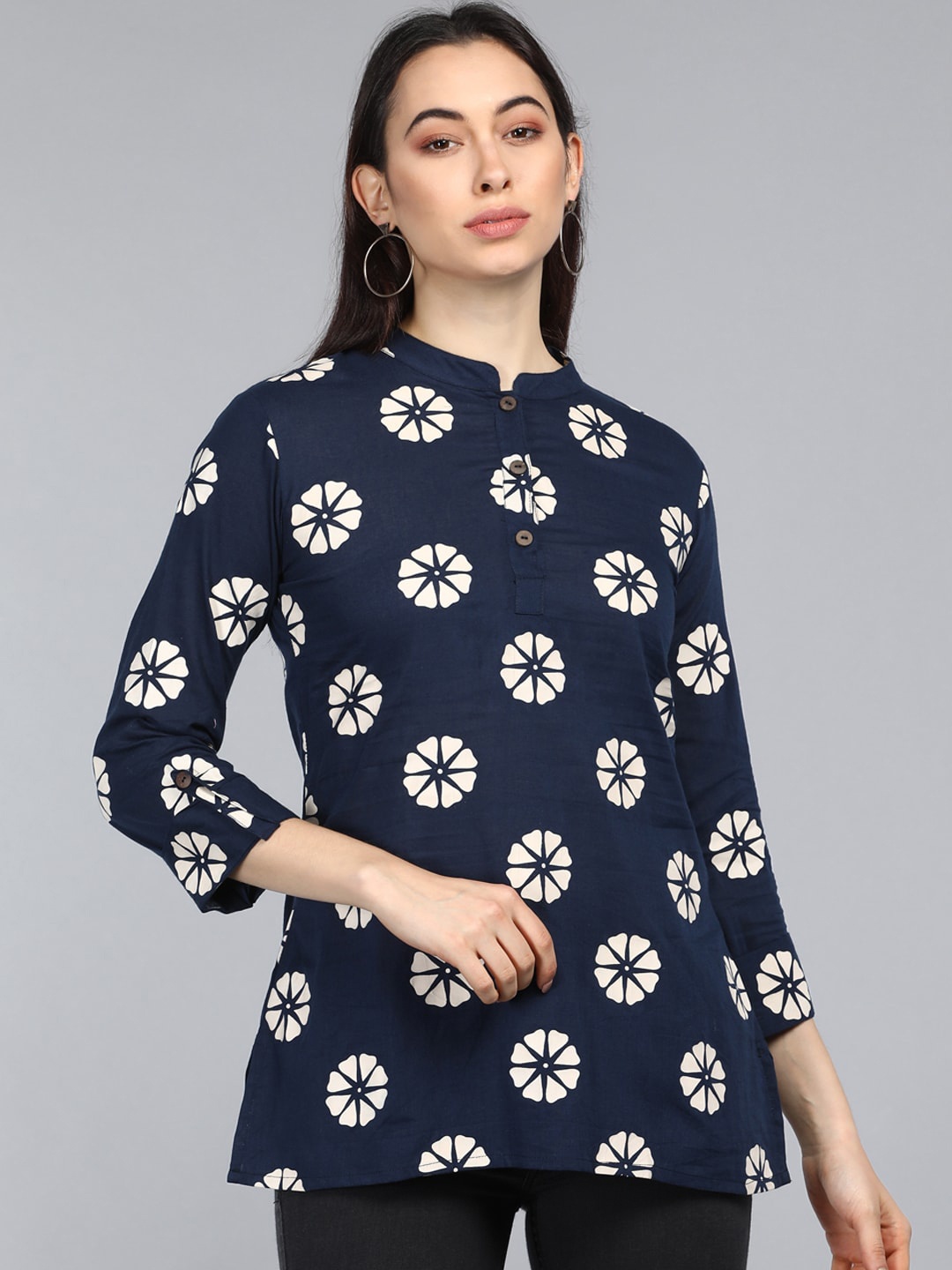 

AHIKA Navy Blue Floral Print Mandarin Collar Longline Top