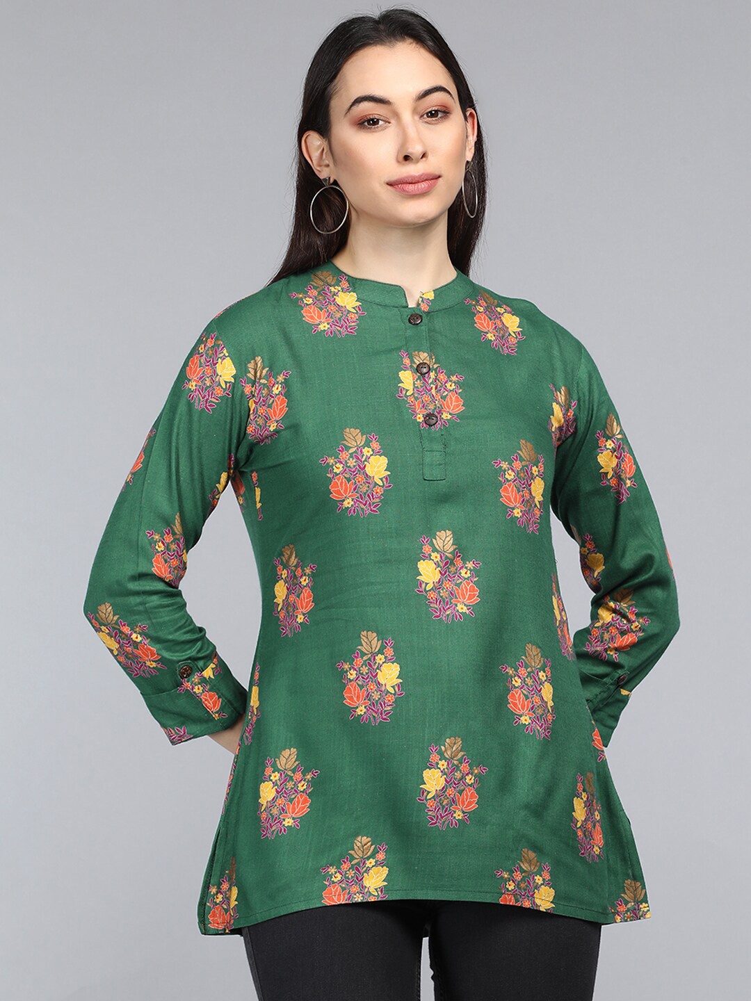 

AHIKA Green Floral Print Mandarin Collar Pure Cotton Longline Top