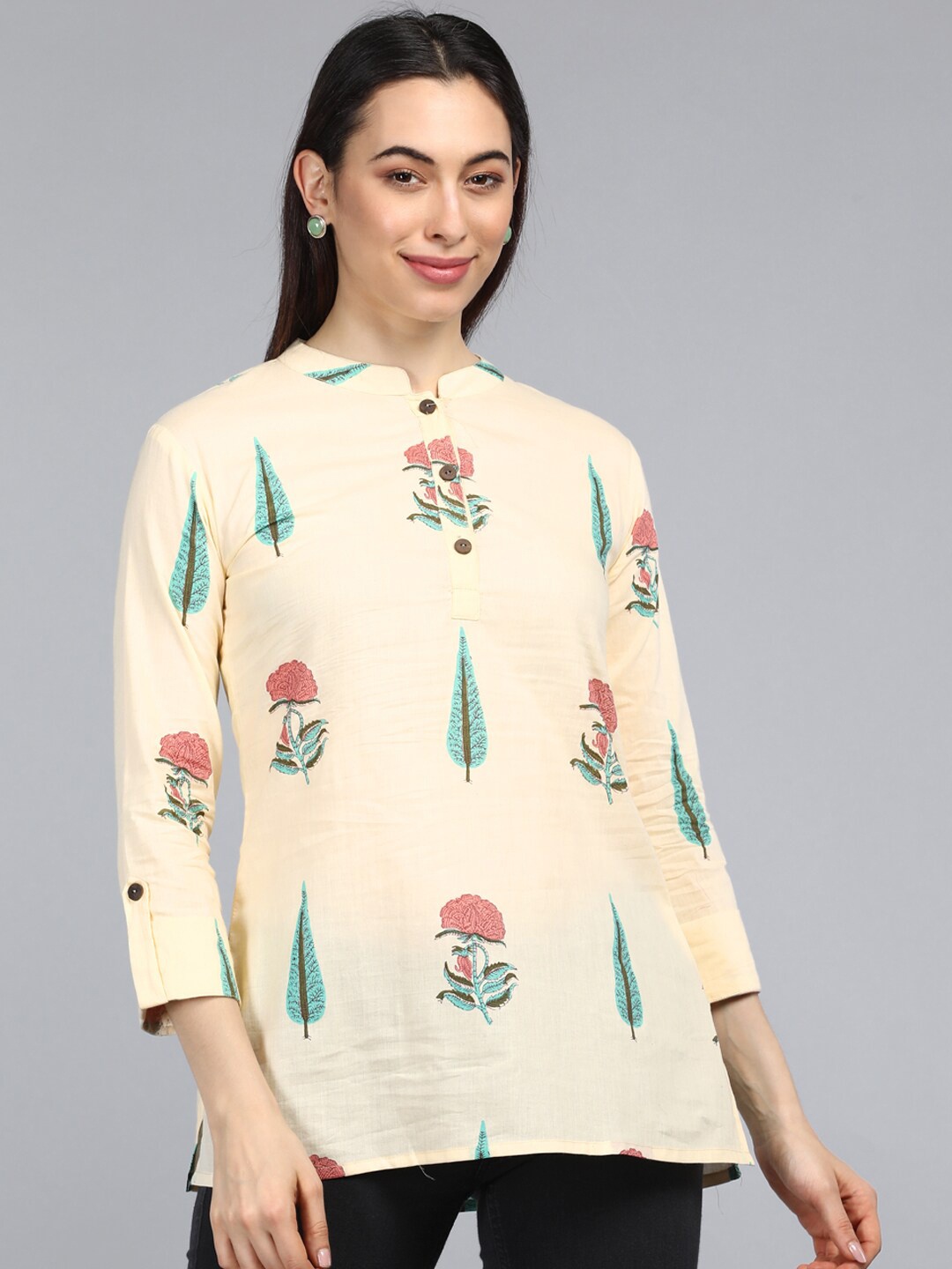 

AHIKA Cream-Coloured Print Mandarin Collar Top
