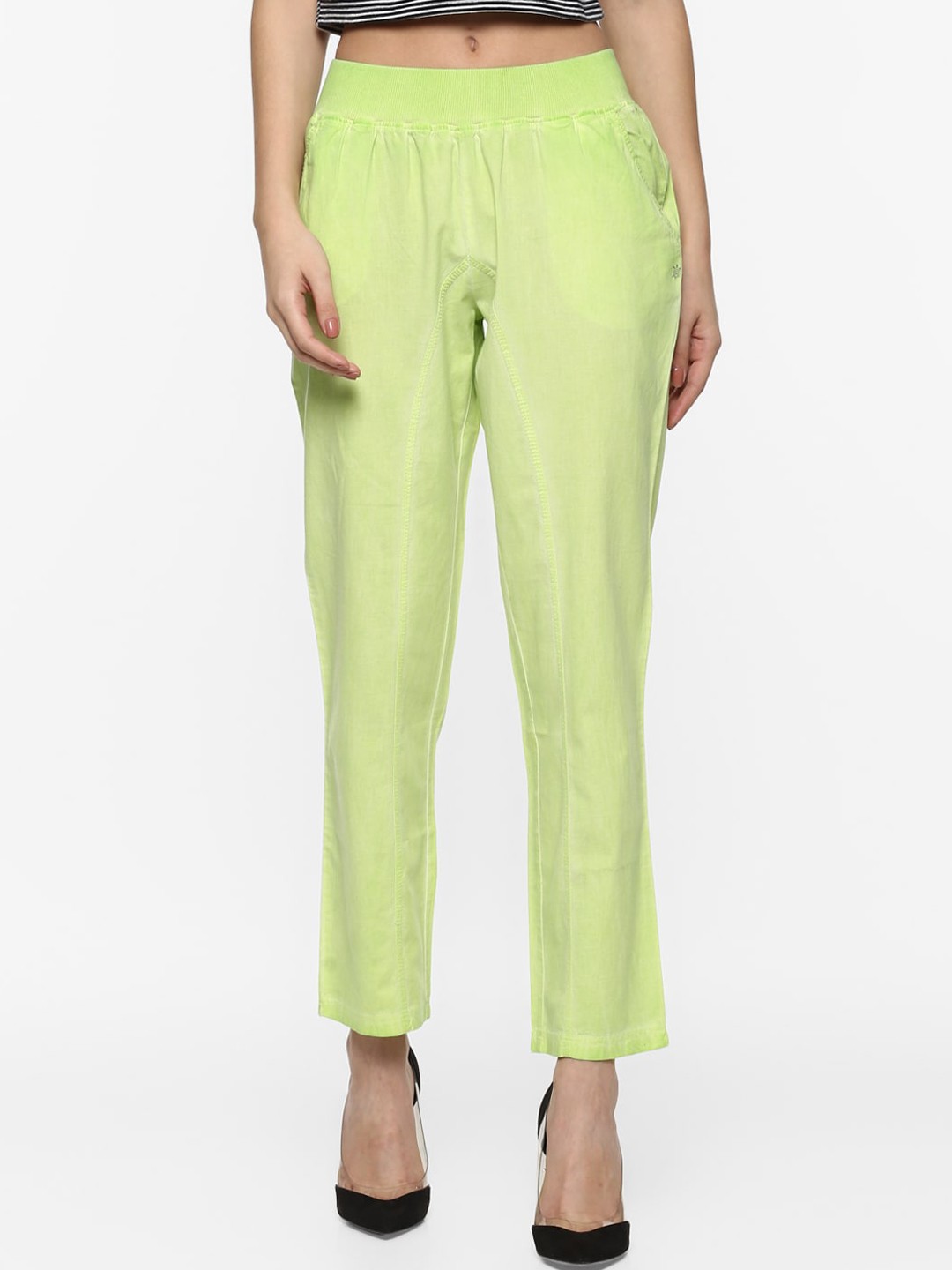 

Porsorte Women Green Straight Fit Cotton Cigarette Trousers