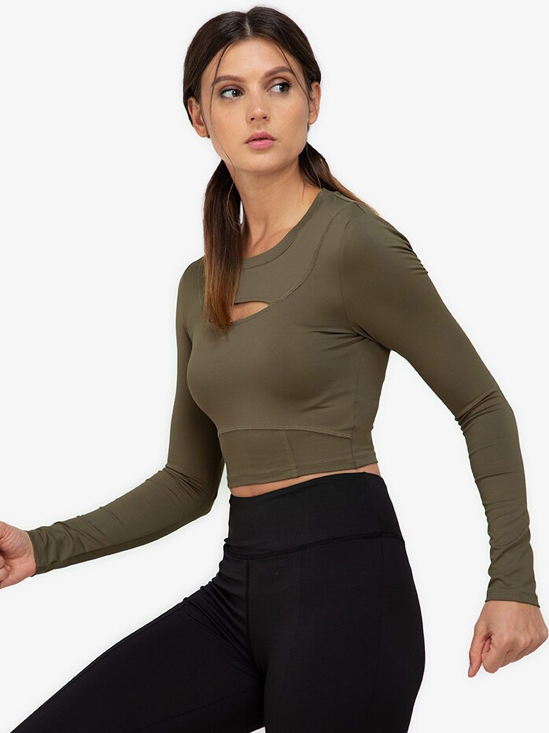 

ZALORA ACTIVE Olive Green Solid Cut Out Crop Top