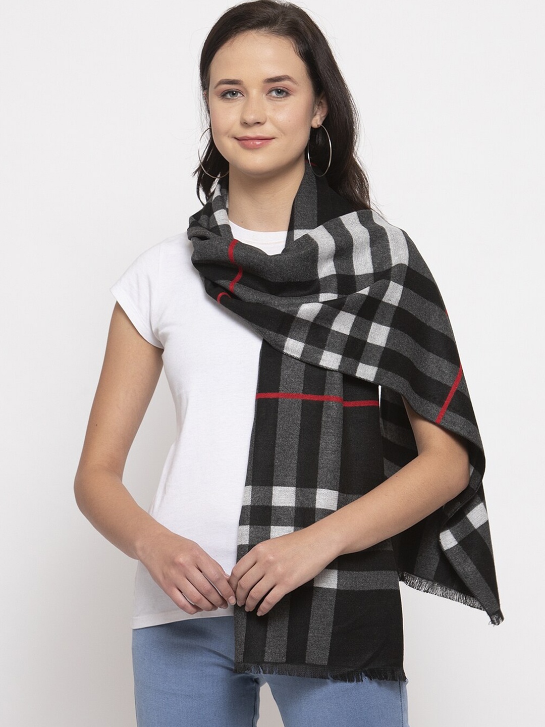

Calvadoss Women Black & Grey Checked Wool Stoles